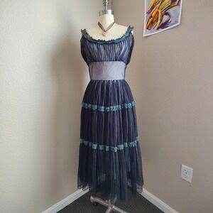 Vintage 1950s Smart Miss Illusion Lace Party Dress Pleated Tulle Midi Prom Retro